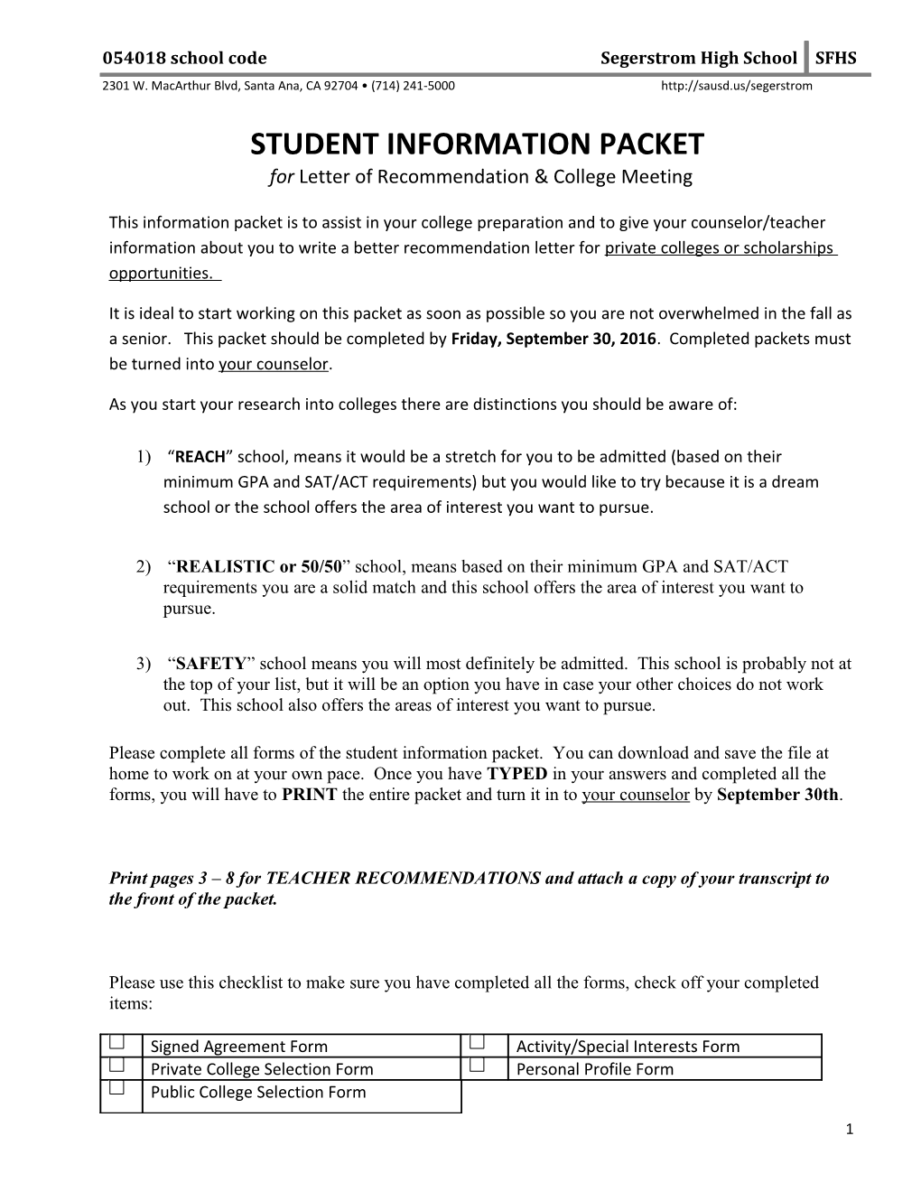 Student Information Packet s1