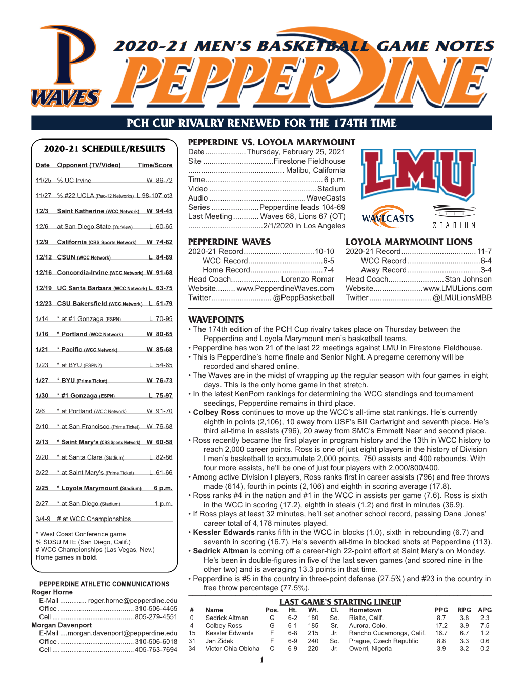 2020-21 Men's Basketball Game Notes