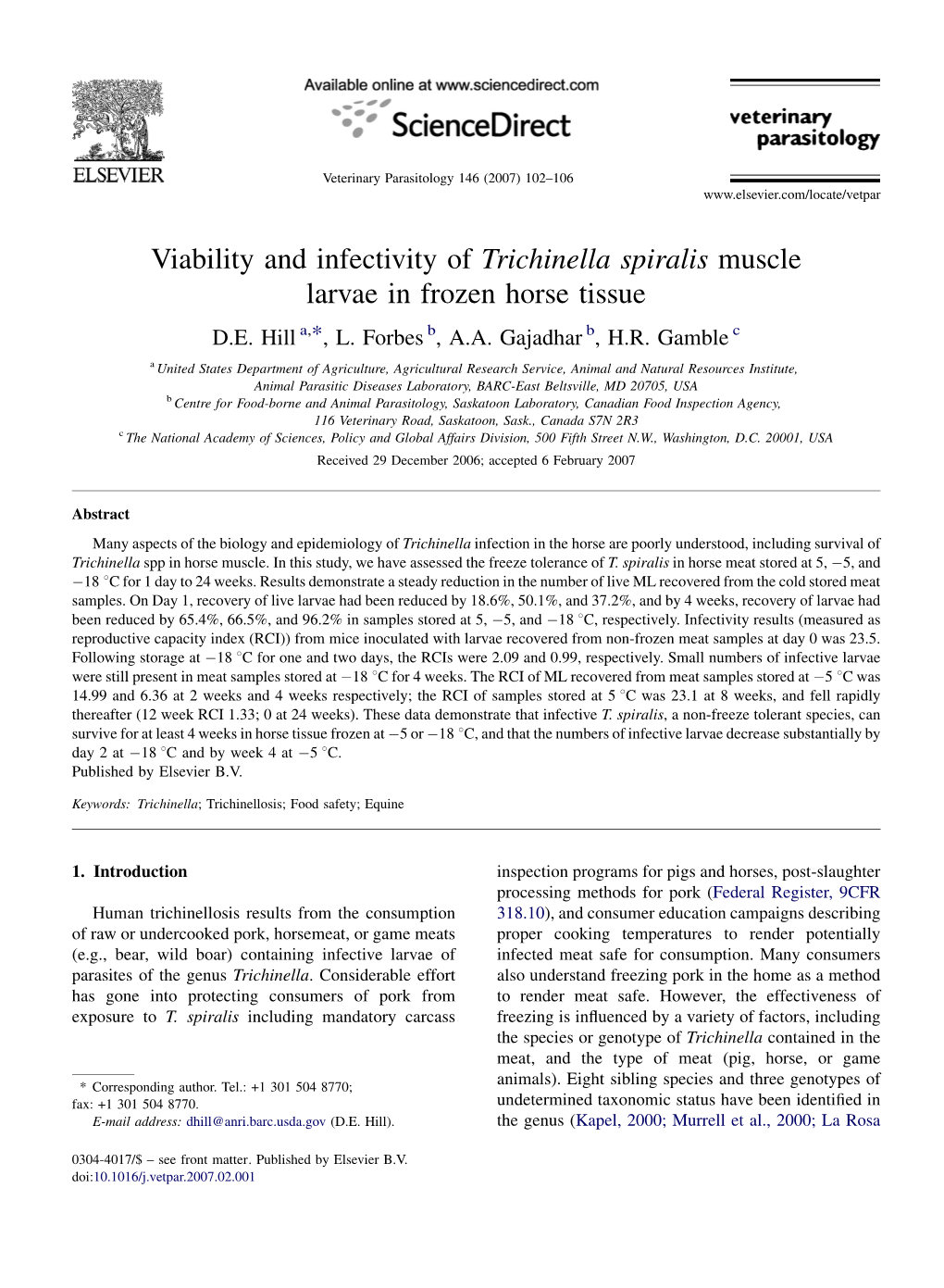 Viability and Infectivity of Trichinella Spiralis Muscle Larvae in Frozen Horse Tissue D.E