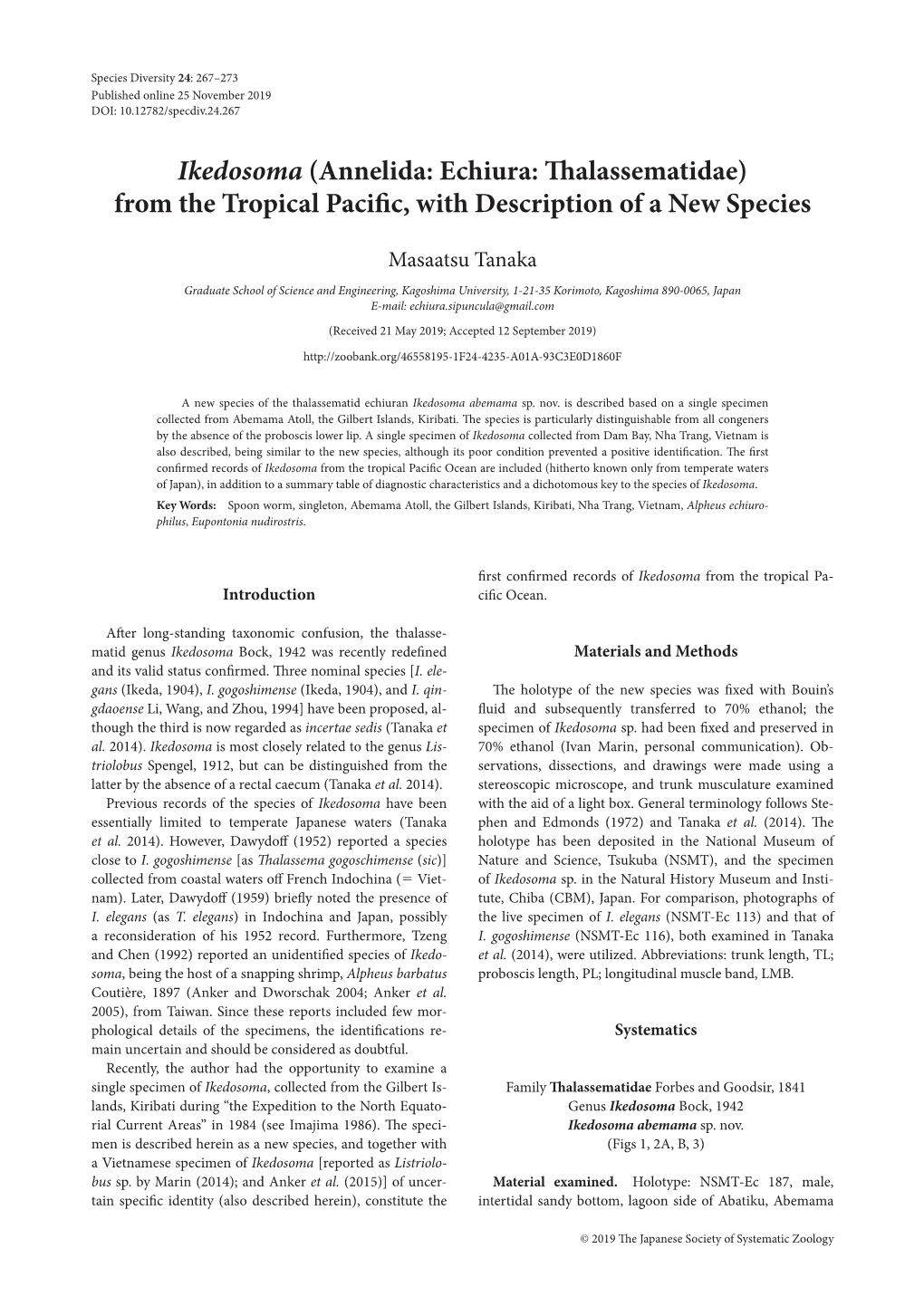 Ikedosoma (Annelida: Echiura: Thalassematidae) from the Tropical Pacific, with Description of a New Species