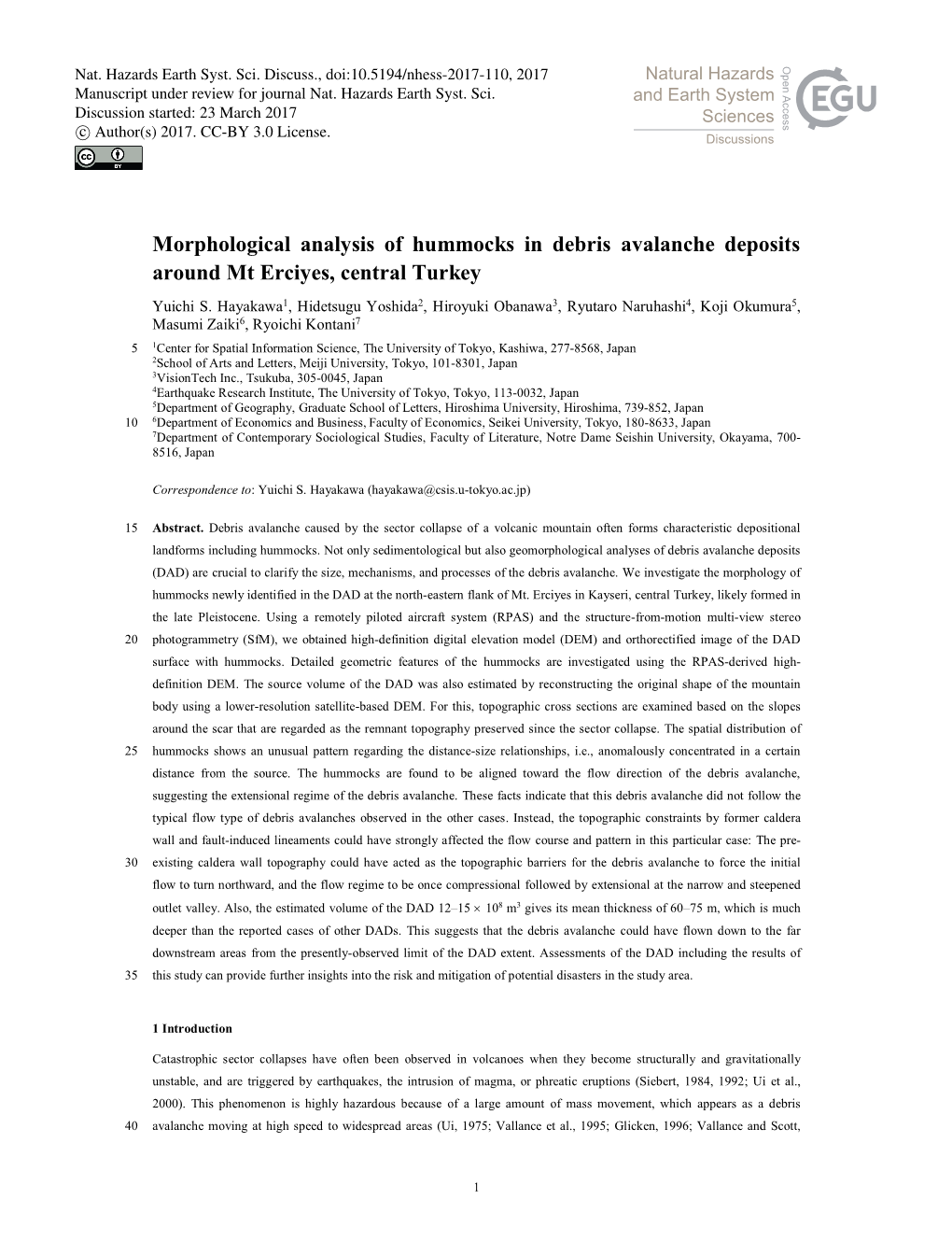 Morphological Analysis of Hummocks in Debris Avalanche Deposits Around Mt Erciyes, Central Turkey Yuichi S