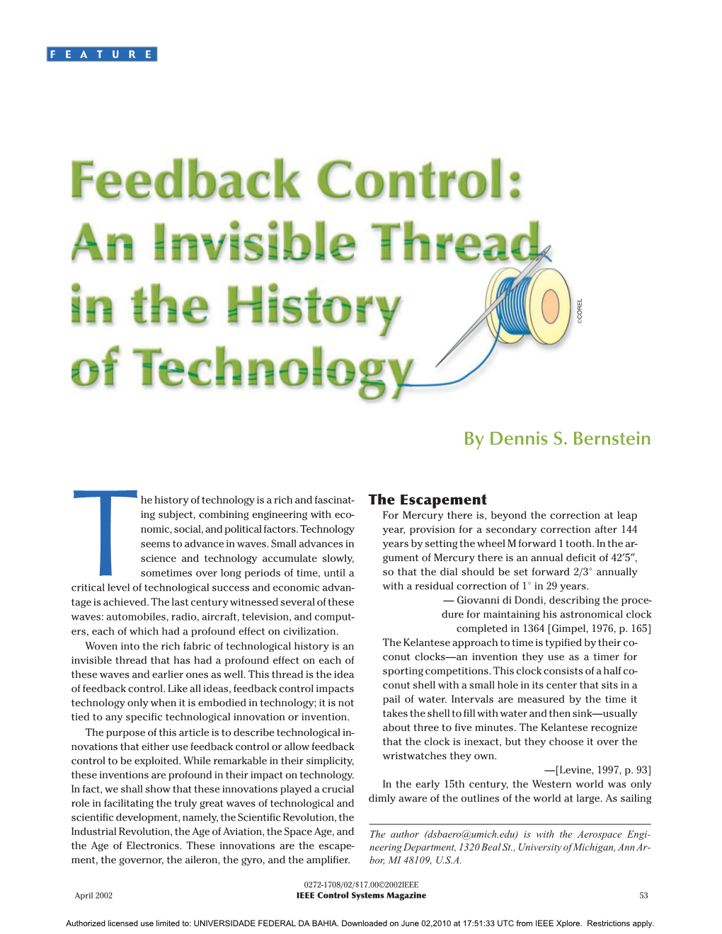 Feedback Control: an Invisible Thread in the History of Technology