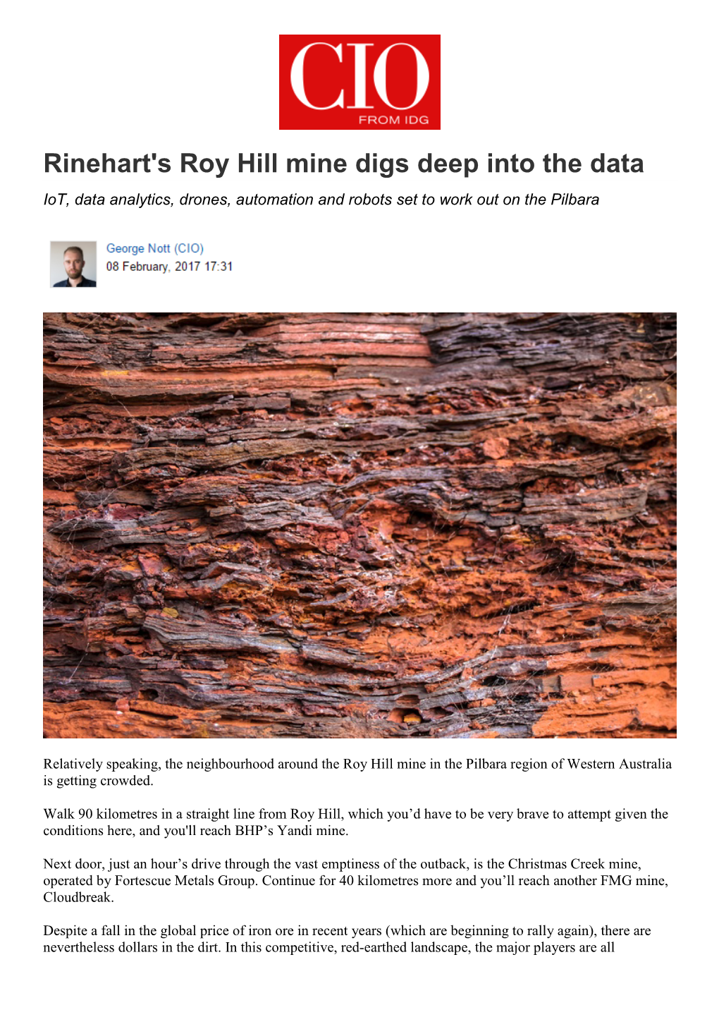 Rinehart's Roy Hill Mine Digs Deep Into the Data Iot, Data Analytics, Drones, Automation and Robots Set to Work out on the Pilbara