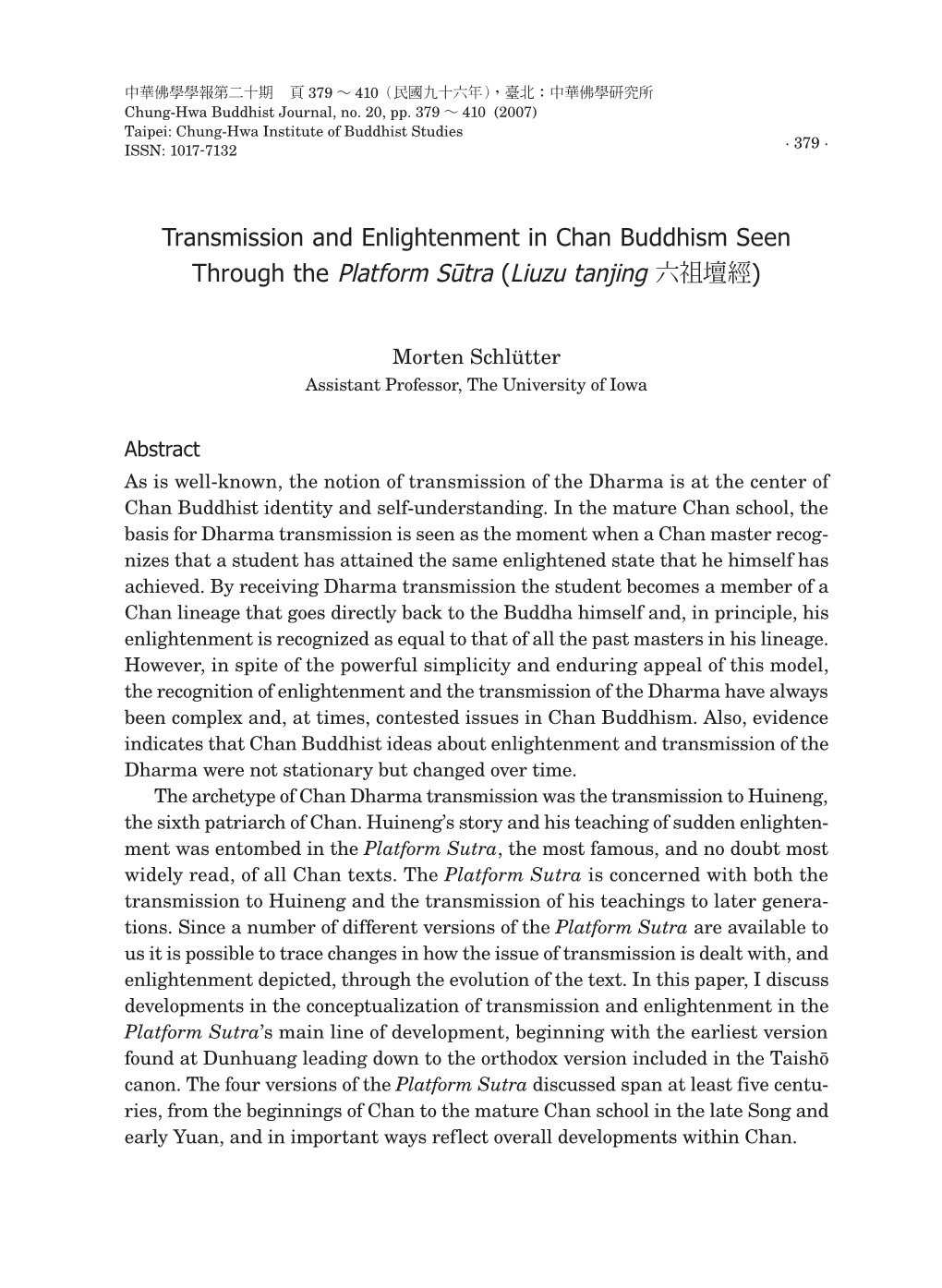 Transmission and Enlightenment in Chan Buddhism Seen Through the Platform Sūtra (Liuzu Tanjing 六祖壇經)
