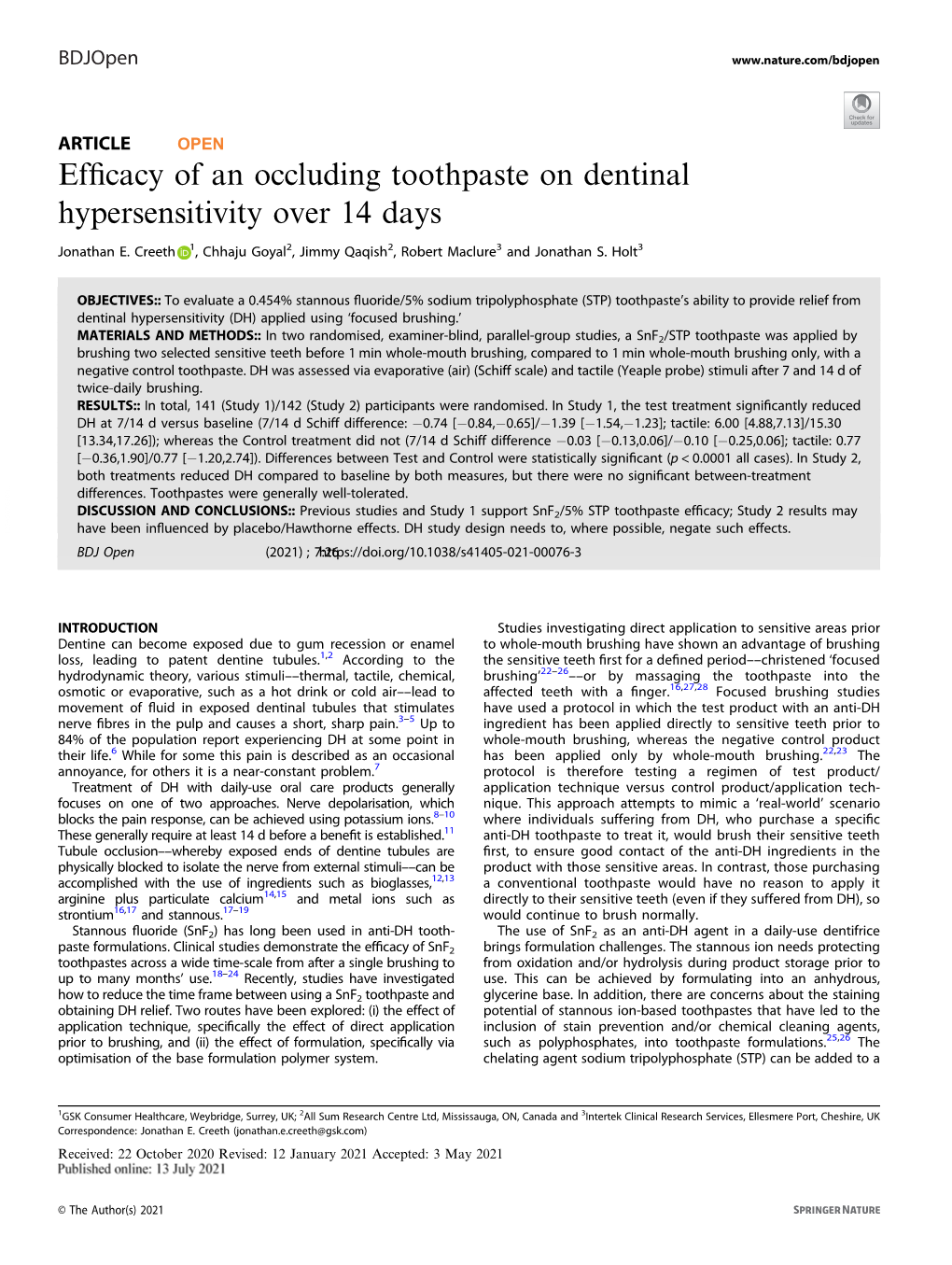 Efficacy of an Occluding Toothpaste on Dentinal Hypersensitivity Over 14 Days