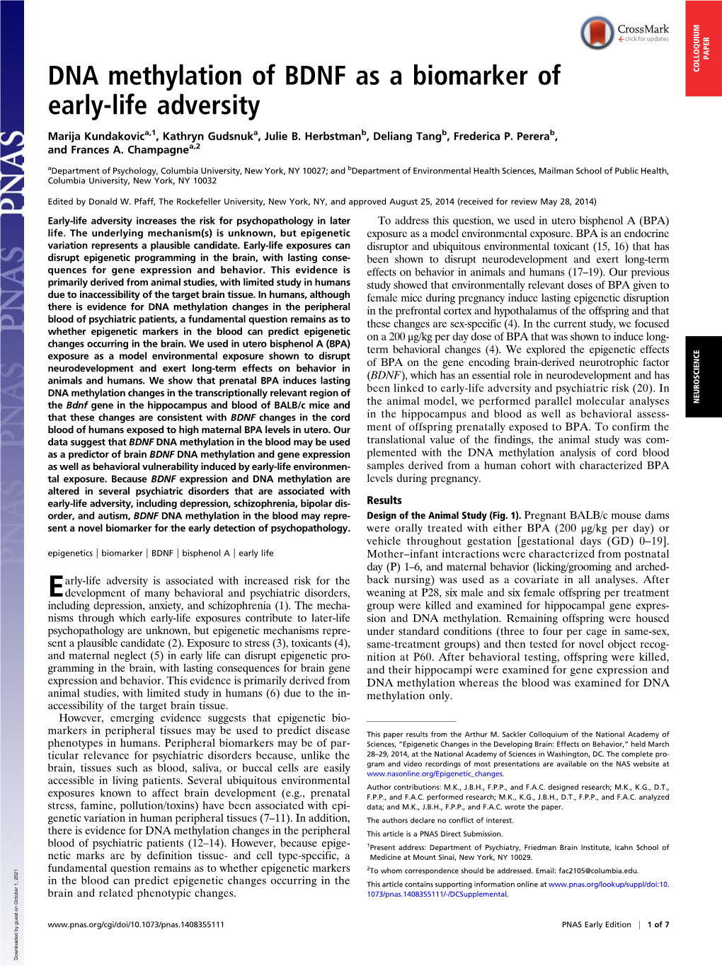 DNA Methylation of BDNF As a Biomarker of Early-Life Adversity