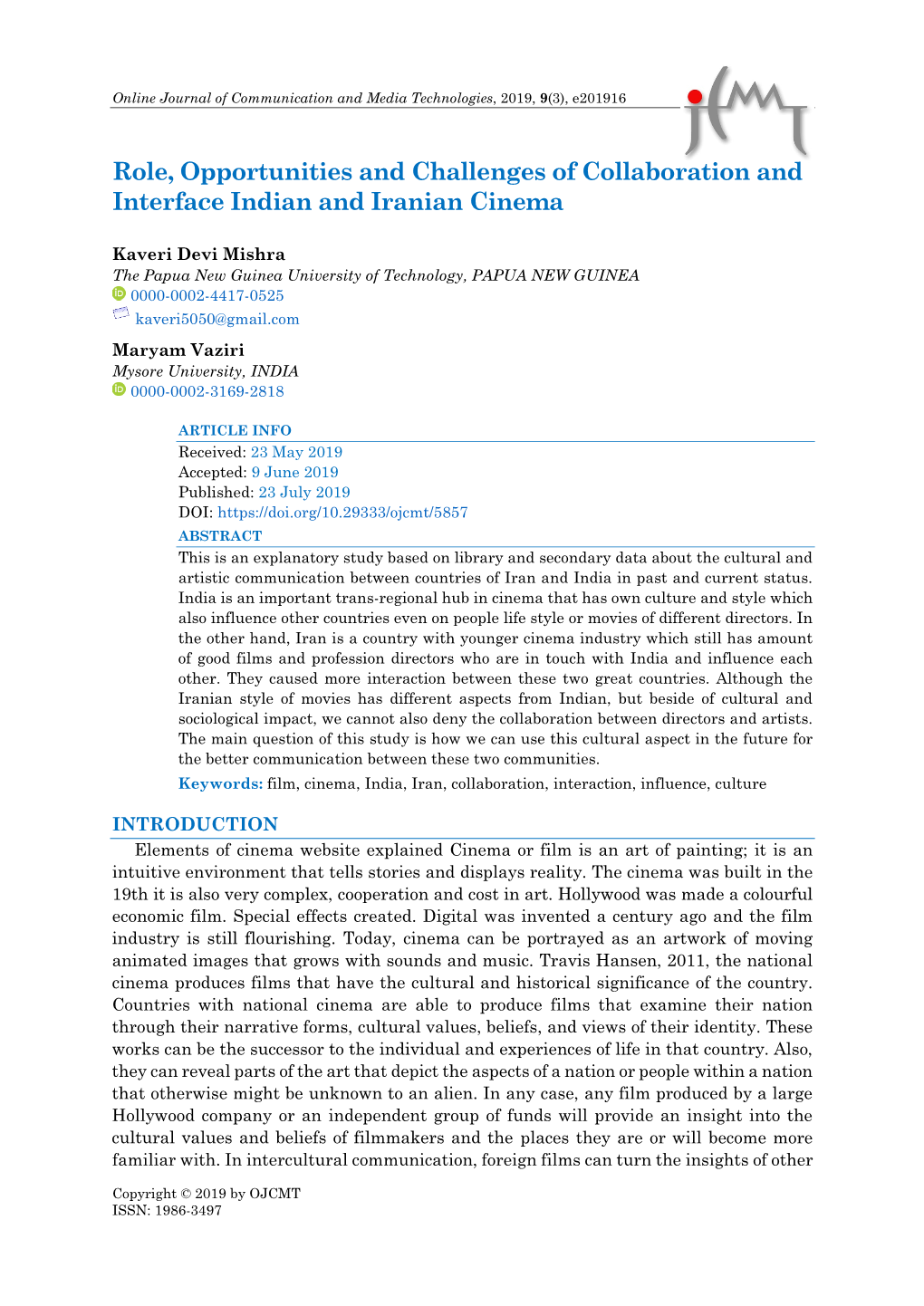 Role, Opportunities and Challenges of Collaboration and Interface Indian and Iranian Cinema