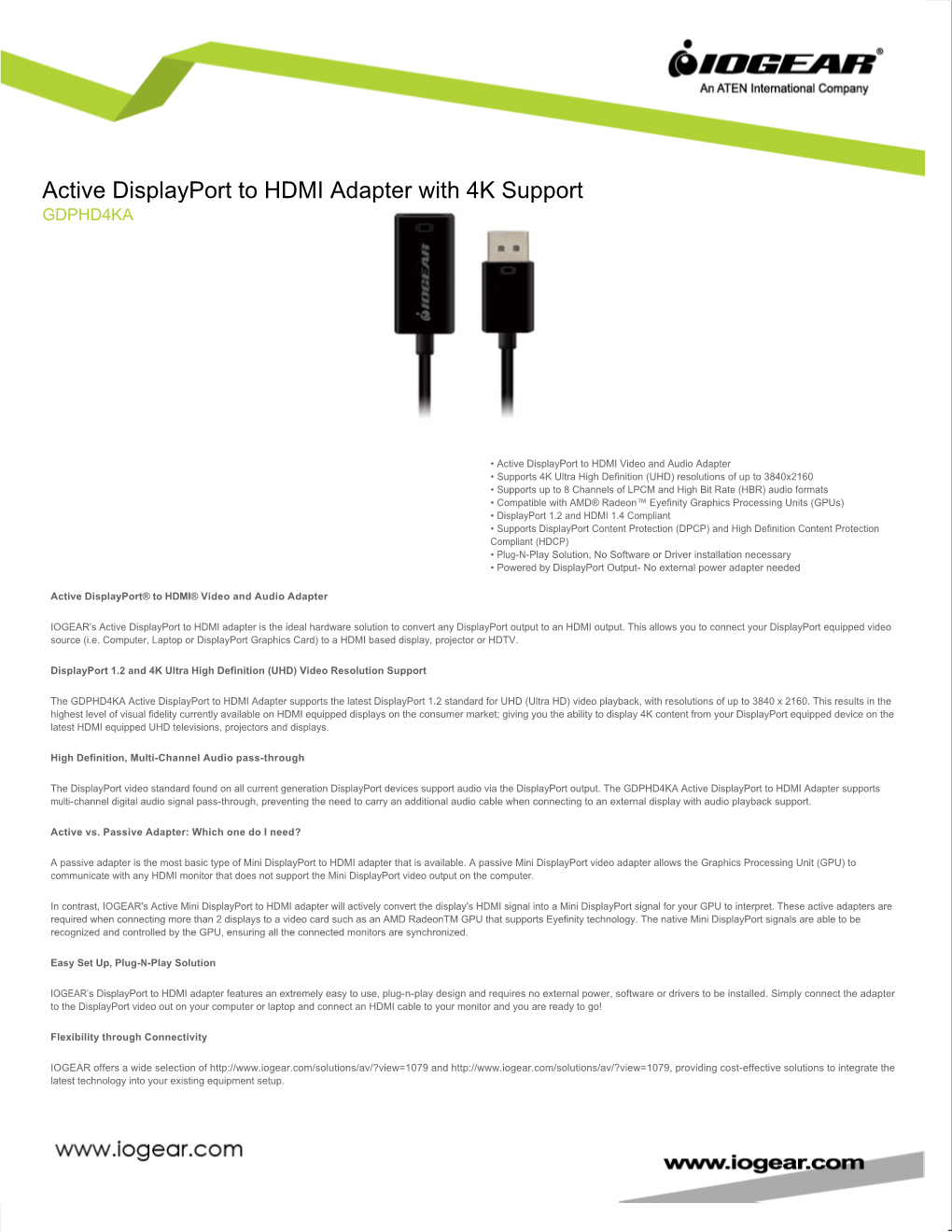 Active Displayport to HDMI Adapter with 4K Support GDPHD4KA