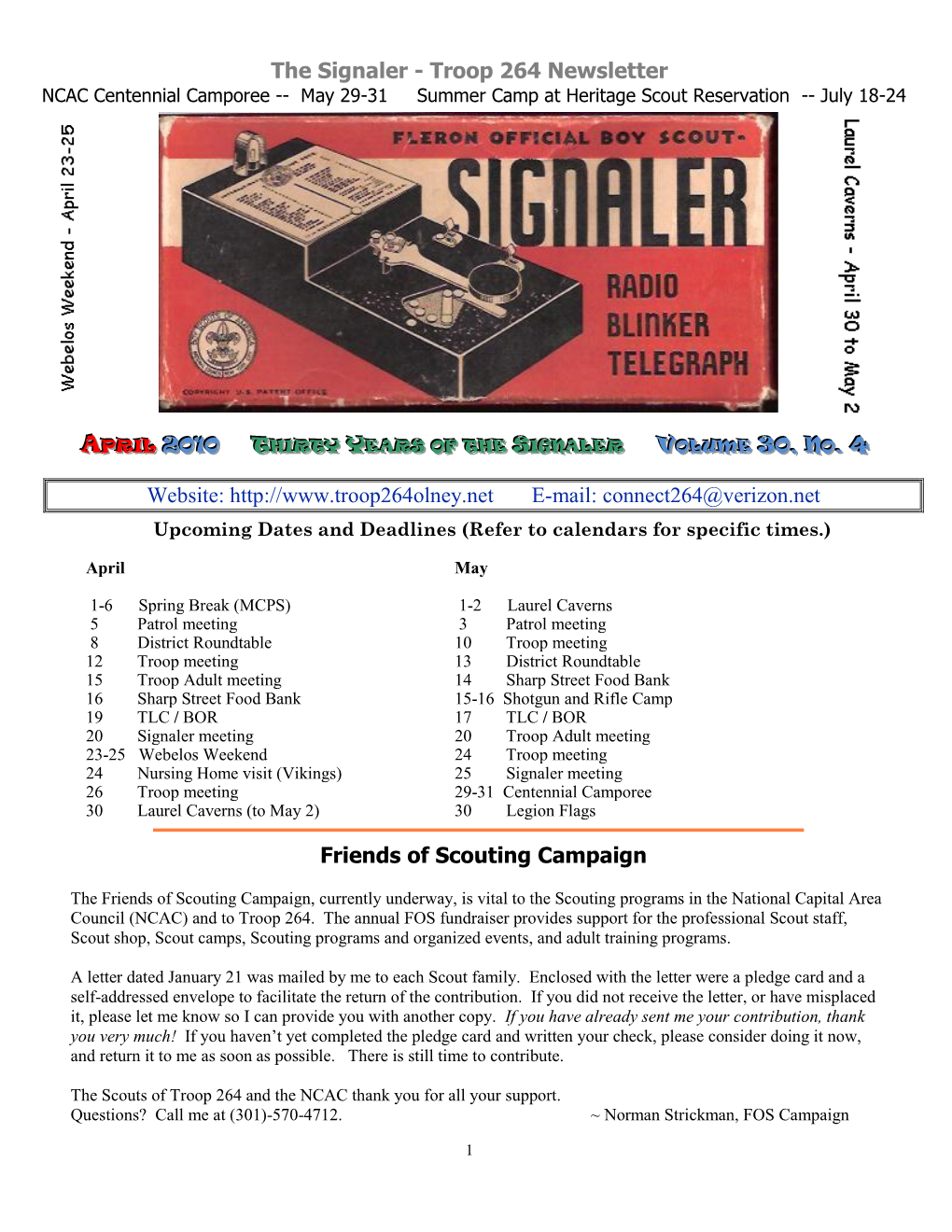 The Signaler - Troop 264 Newsletter NCAC Centennial Camporee -- May 29-31 Summer Camp at Heritage Scout Reservation -- July 18-24