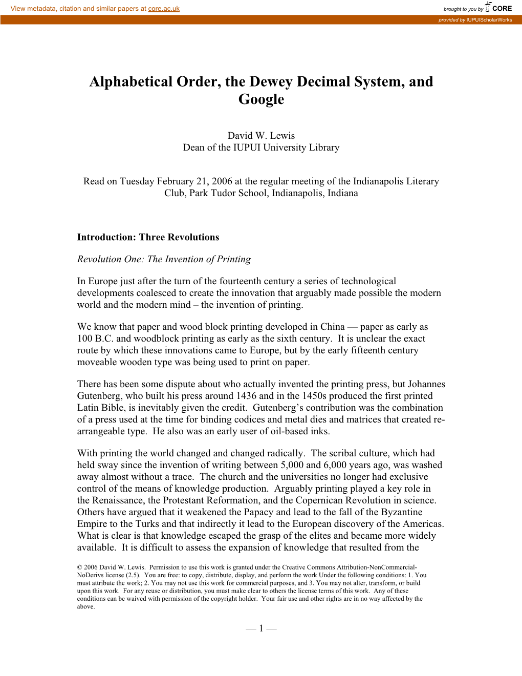 Alphabetical Order, the Dewey Decimal System, and Google