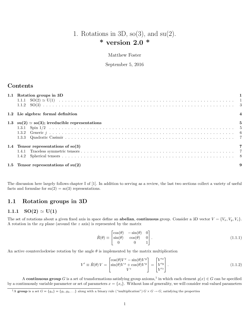 1. Rotations in 3D, So(3), and Su(2). * Version 2.0 *