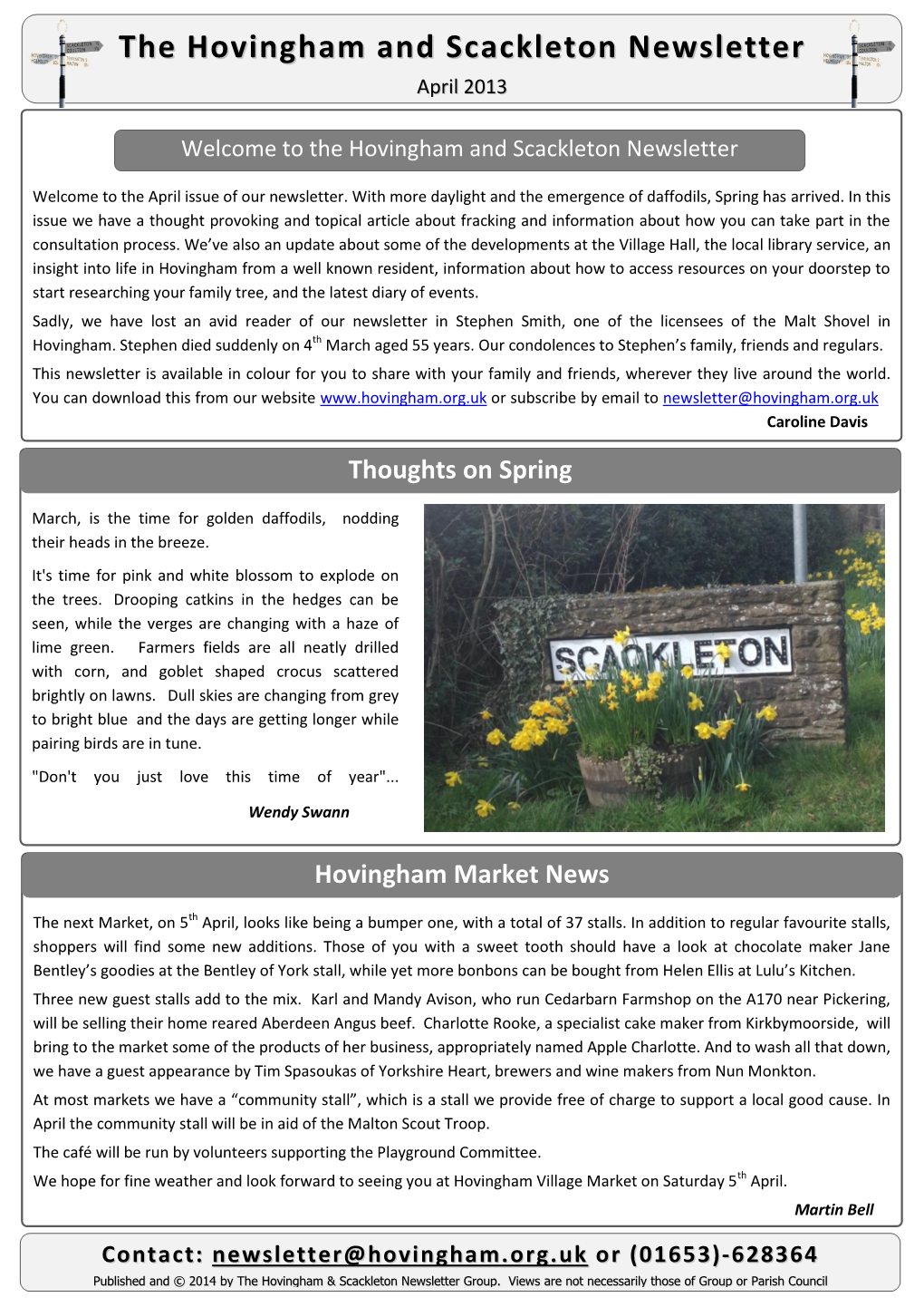 The Hovingham and Scackleton Newsletter April 2013