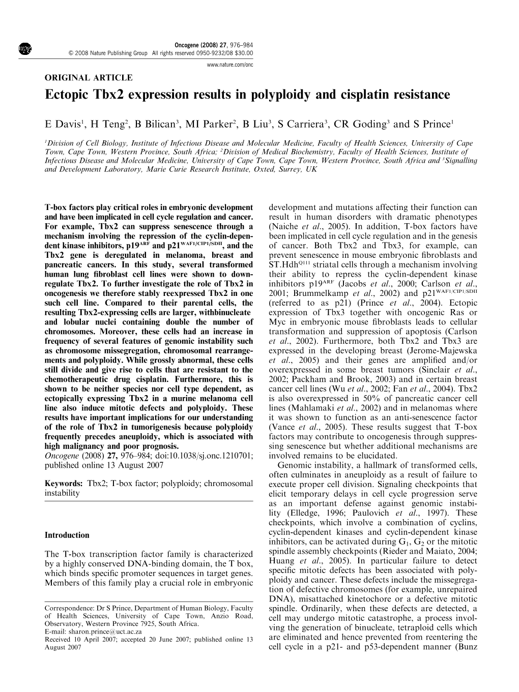 Ectopic Tbx2 Expression Results in Polyploidy and Cisplatin Resistance