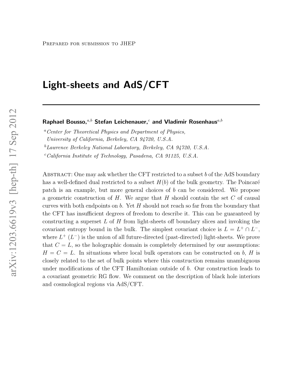 Light-Sheets and Ads/CFT Arxiv:1203.6619V3 [Hep-Th] 17 Sep