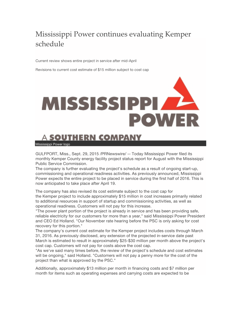 Mississippi Power Continues Evaluating Kemper Schedule