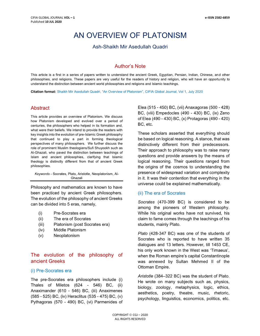 AN OVERVIEW of PLATONISM Ash-Shaikh Mir Asedullah Quadri