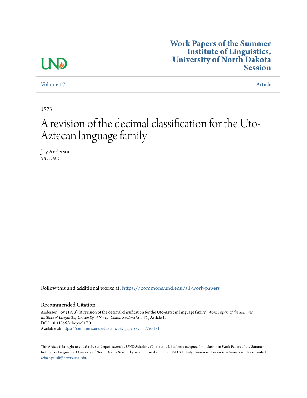 A Revision of the Decimal Classification for the Uto-Aztecan Language Family