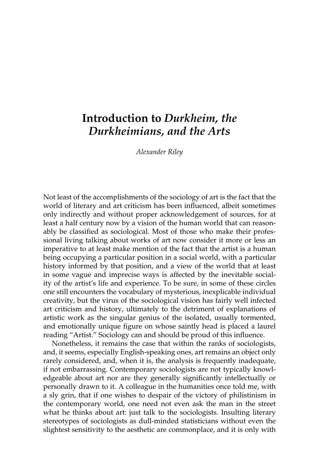 Introduction to Durkheim, the Durkheimians, and the Arts