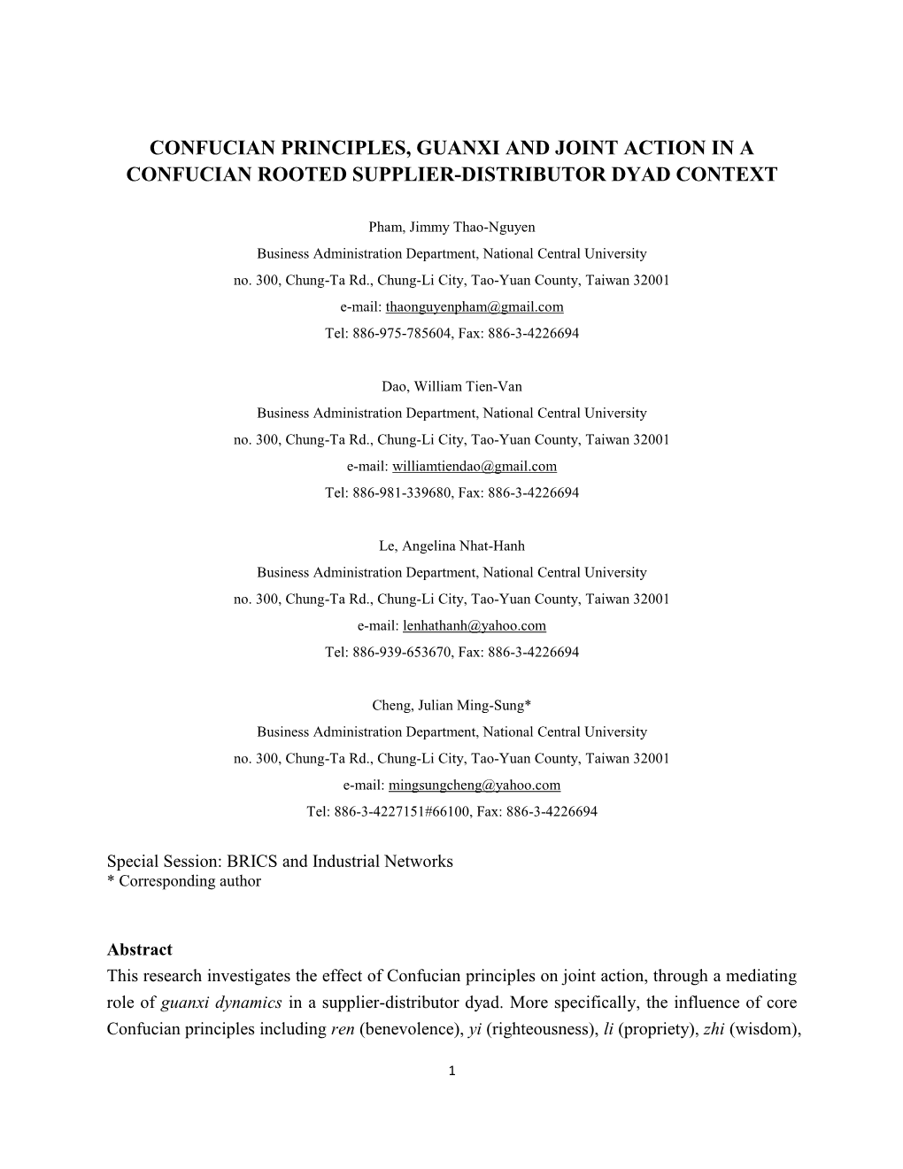 Confucian Principles, Guanxi and Joint Action in a Confucian Rooted Supplier-Distributor Dyad Context