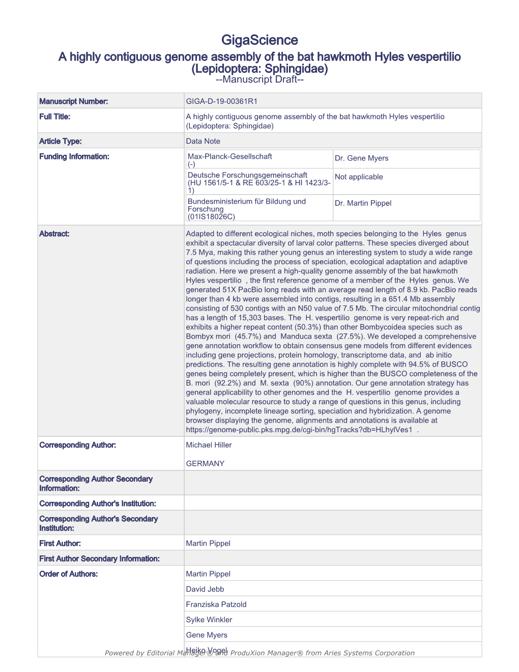 A Highly Contiguous Genome Assembly of the Bat Hawkmoth Hyles Vespertilio (Lepidoptera: Sphingidae) --Manuscript Draft