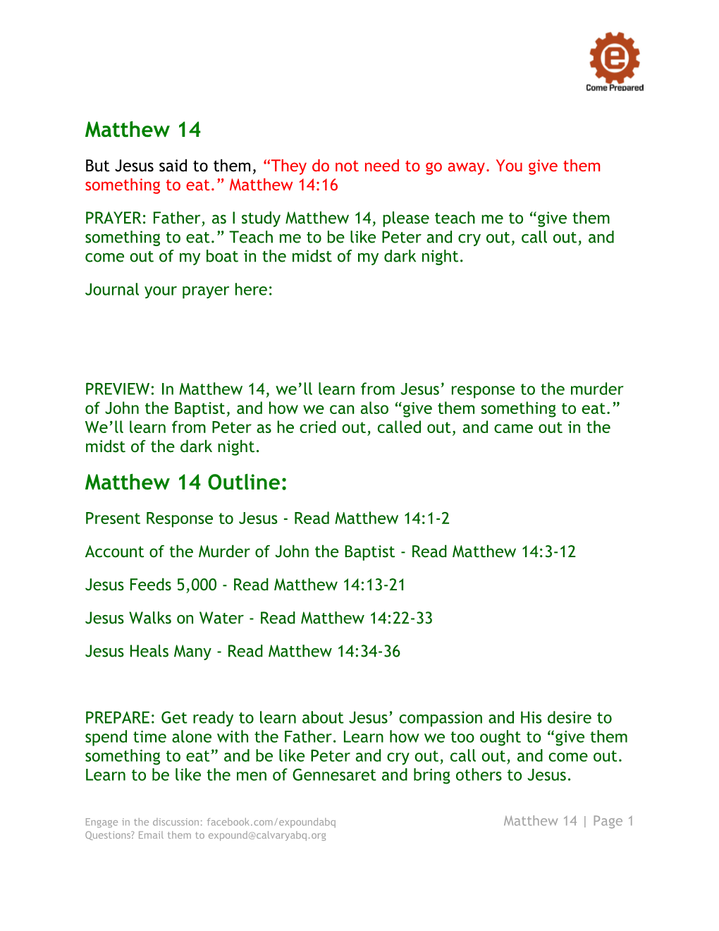 Matthew 14 Study Guide Handout