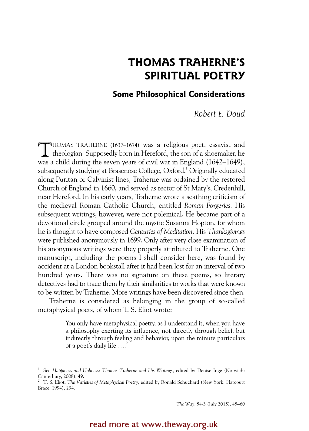 Thomas Traherne's Spiritual Poetry