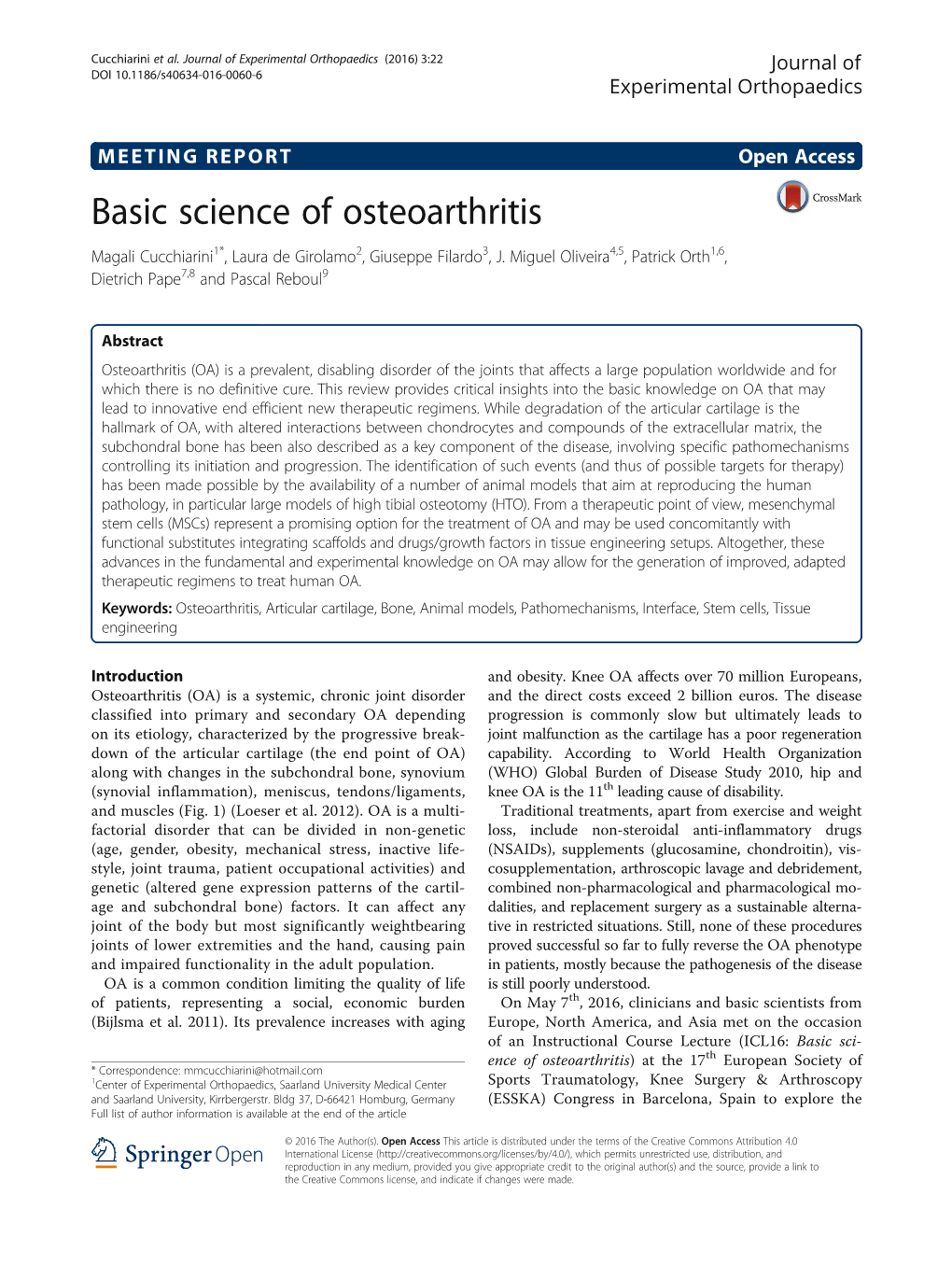 Basic Science of Osteoarthritis Magali Cucchiarini1*, Laura De Girolamo2, Giuseppe Filardo3, J