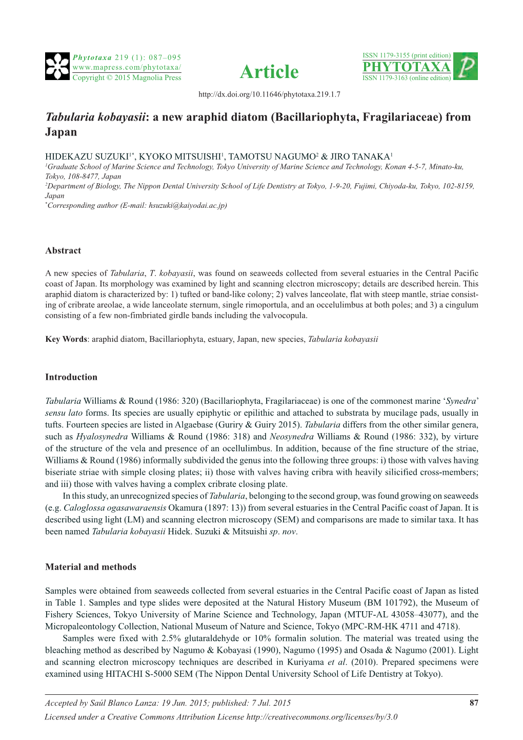 Tabularia Kobayasii: a New Araphid Diatom (Bacillariophyta, Fragilariaceae) from Japan