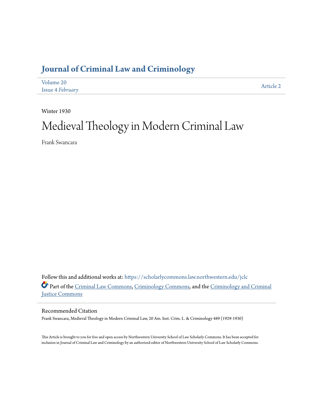 Medieval Theology in Modern Criminal Law Frank Swancara