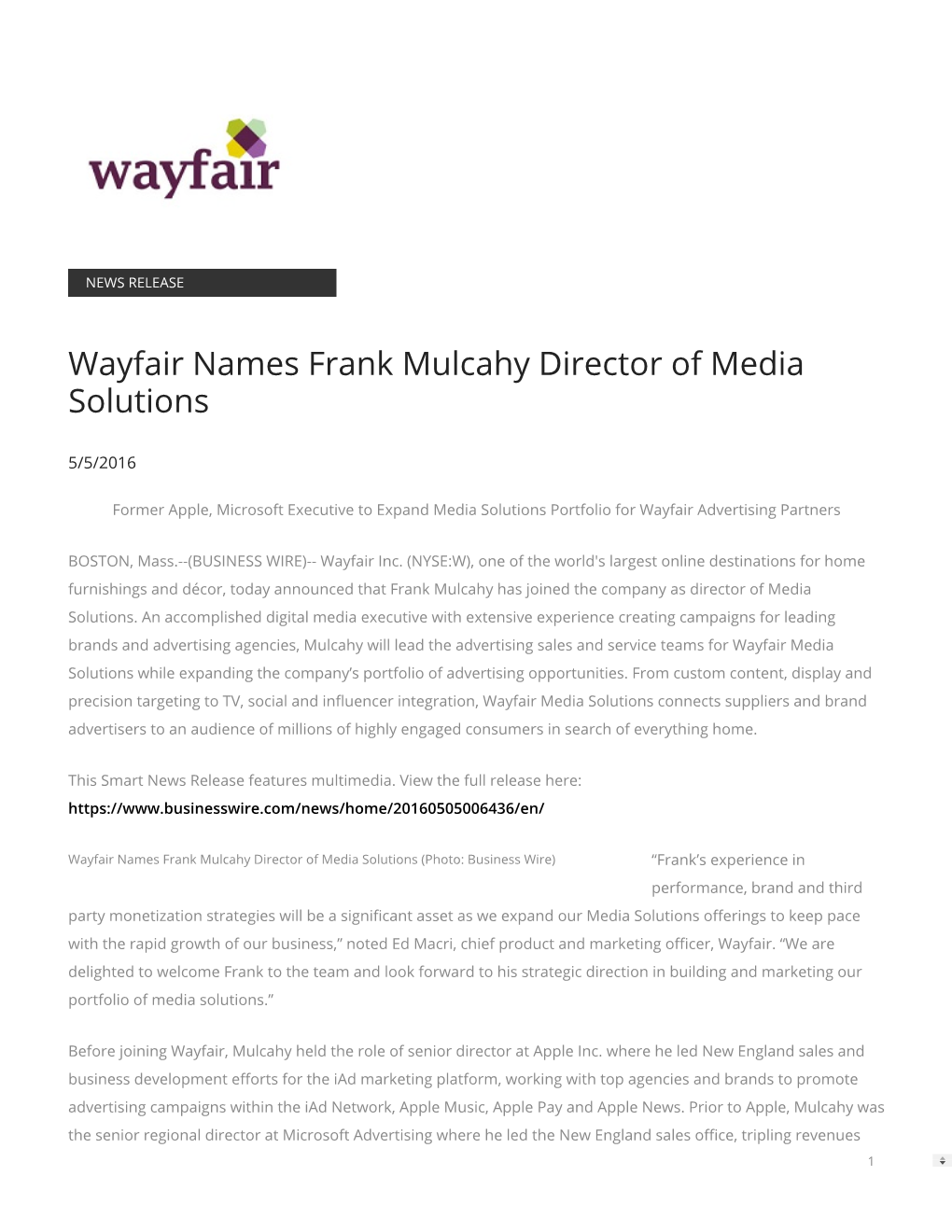 Wayfair Names Frank Mulcahy Director of Media Solutions