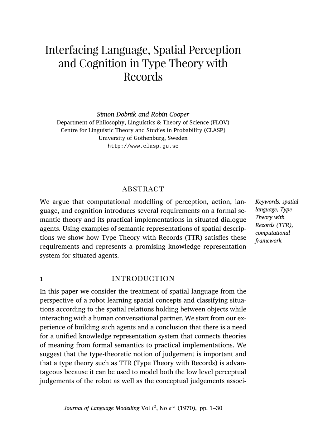 Interfacing Language, Spatial Perception and Cognition in Type Theory with Records