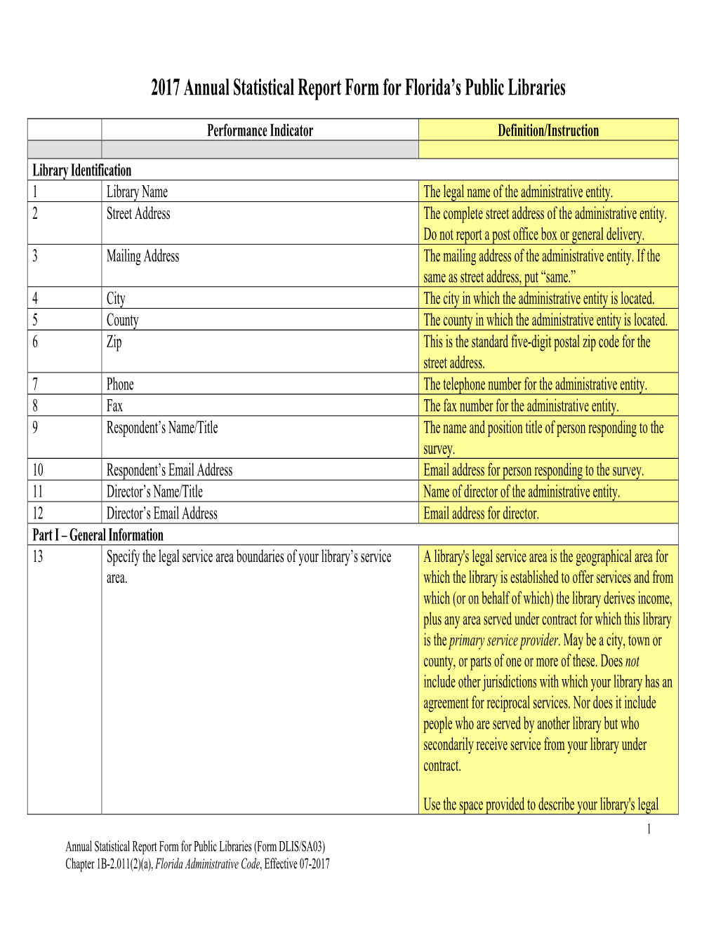 2017 Annual Statistical Report Form for Florida's Public Libraries