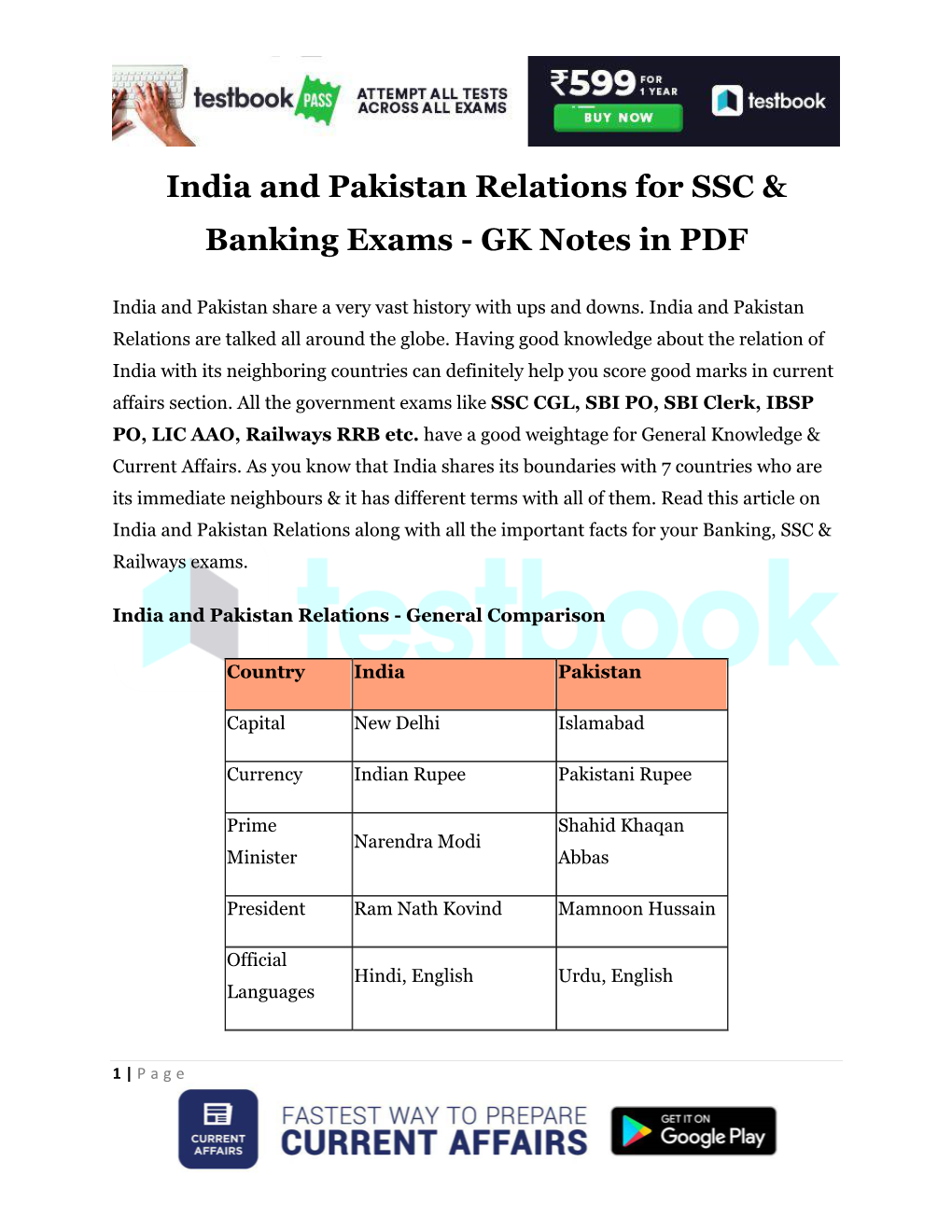 India and Pakistan Relations for SSC & Banking Exams