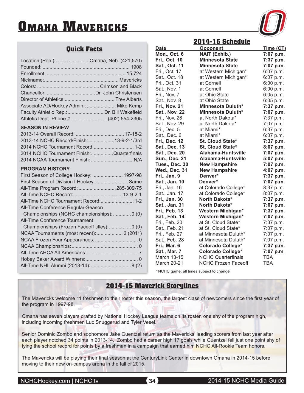 Omaha Mavericks 2014-15 Schedule Quick Facts Date Opponent Time (CT) Mon., Oct