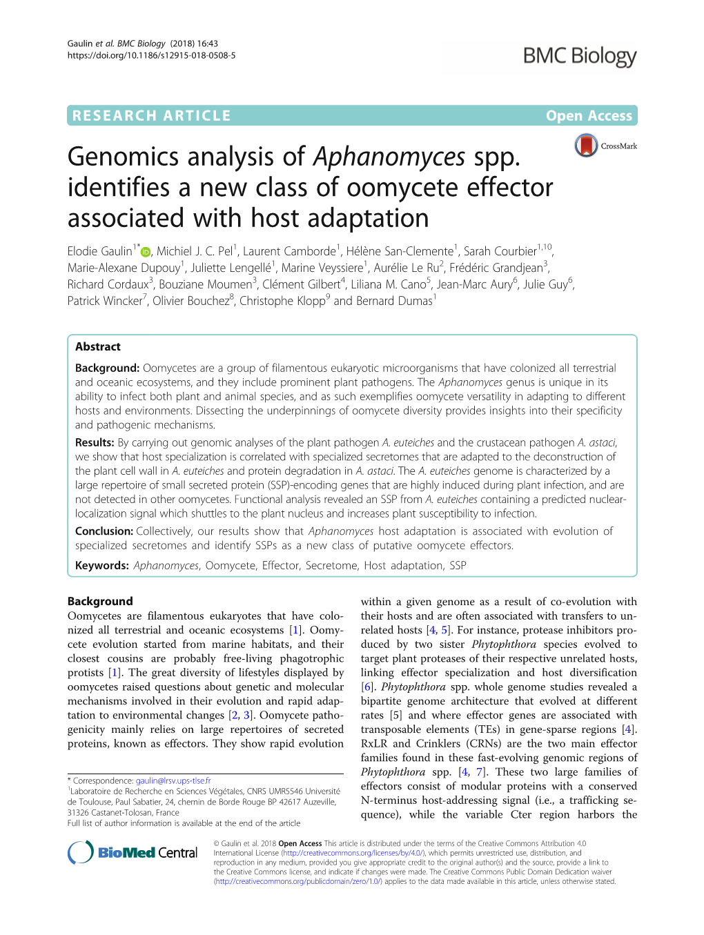 Genomics Analysis of Aphanomyces Spp. Identifies a New Class of Oomycete Effector Associated with Host Adaptation Elodie Gaulin1* , Michiel J