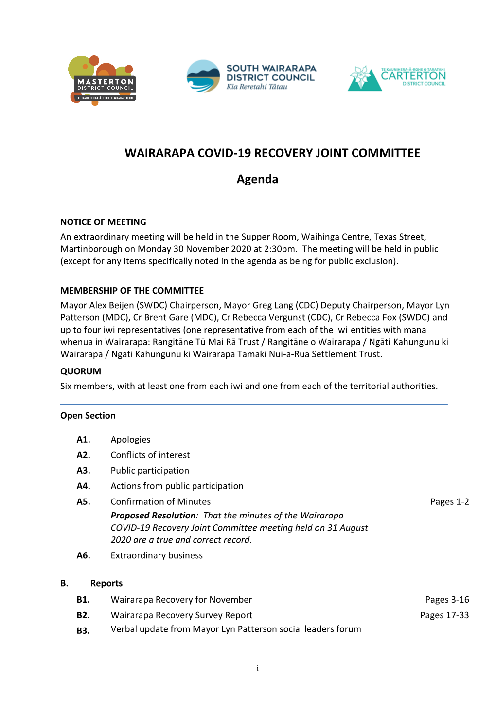 WAIRARAPA COVID-19 RECOVERY JOINT COMMITTEE Agenda