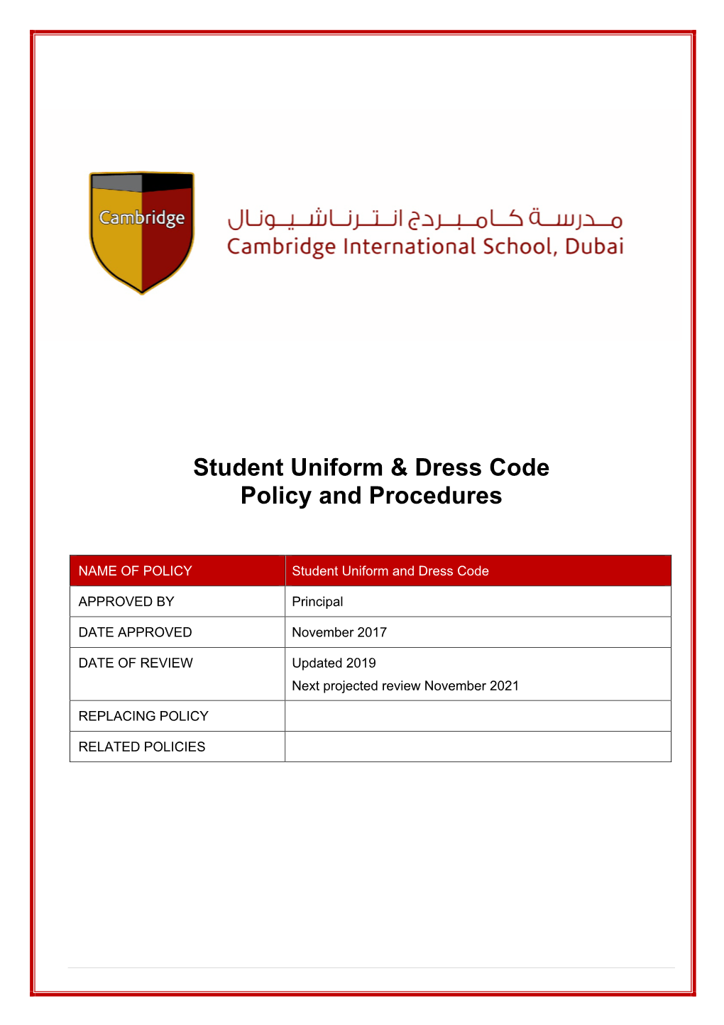 Student Uniform & Dress Code Policy and Procedures