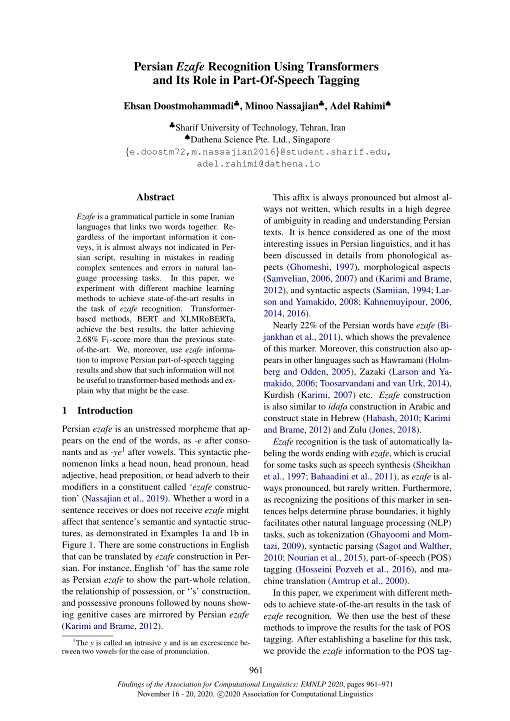 Persian Ezafe Recognition Using Transformers and Its Role in Part-Of-Speech Tagging