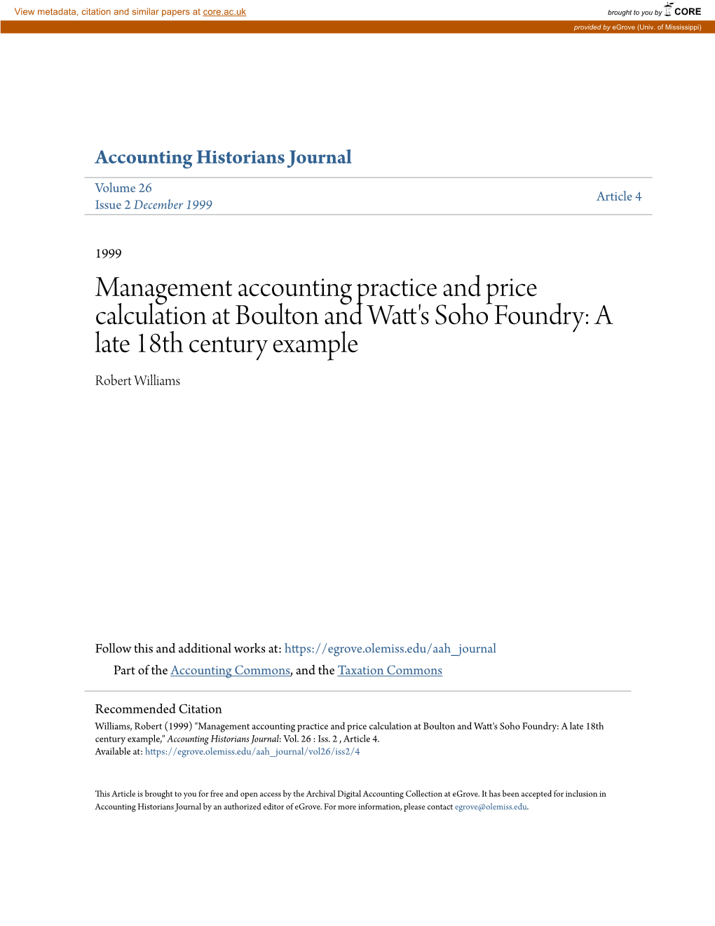 Management Accounting Practice and Price Calculation at Boulton and Watt's Soho Foundry: a Late 18Th Century Example Robert Williams