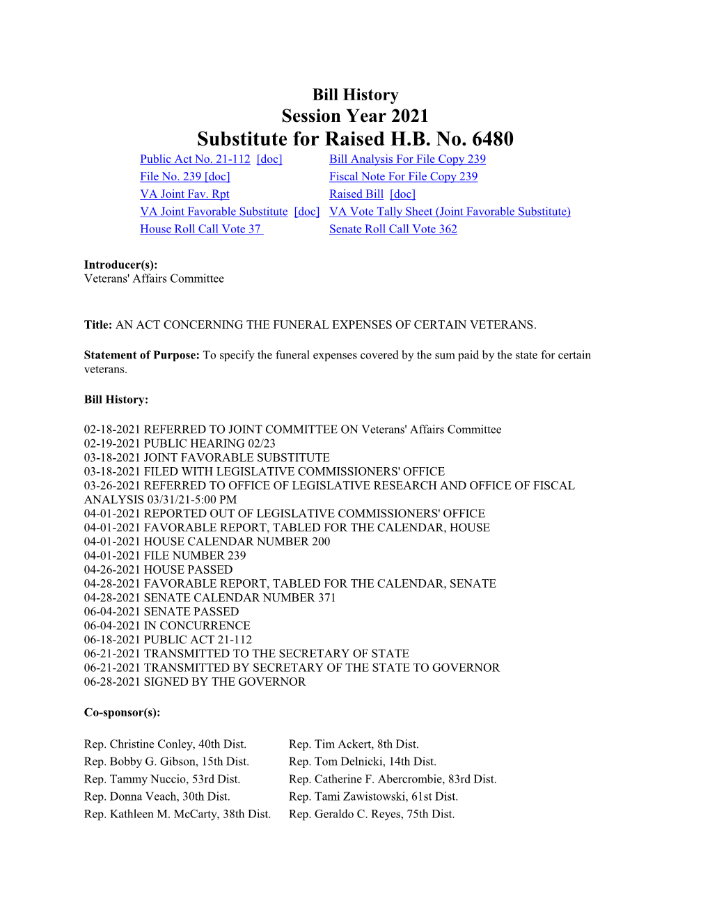 Bill History Session Year 2021 Substitute for Raised H.B