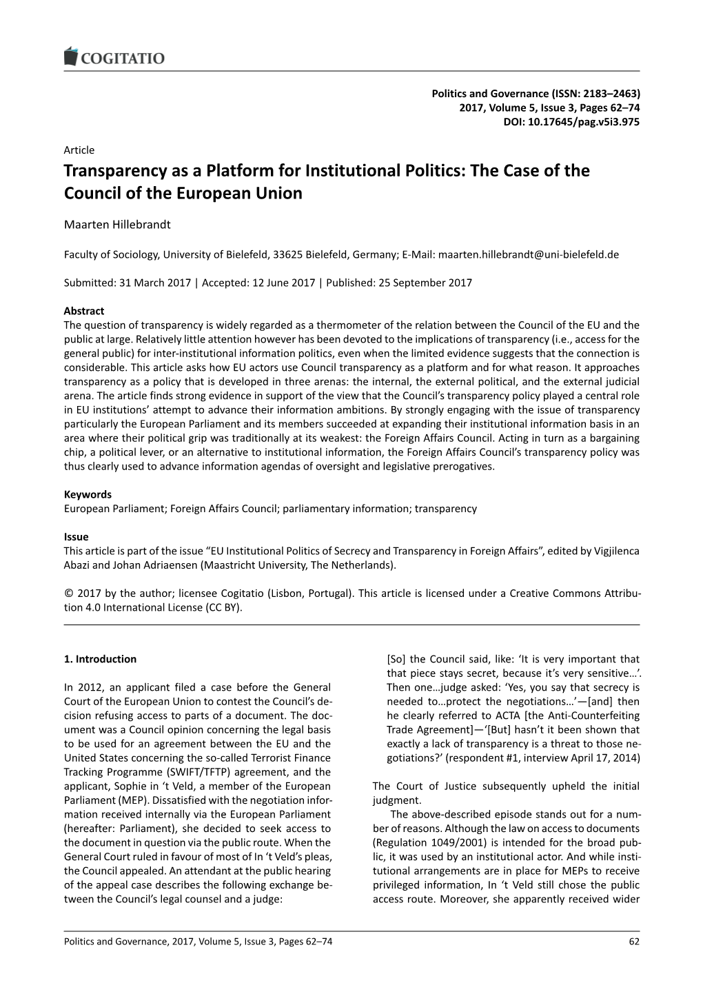 Transparency As a Platform for Institutional Politics: the Case of the Council of the European Union