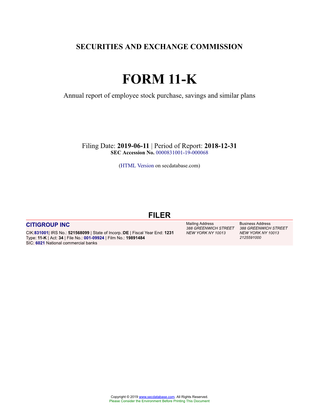 CITIGROUP INC Form 11-K Annual Report Filed 2019-06-11