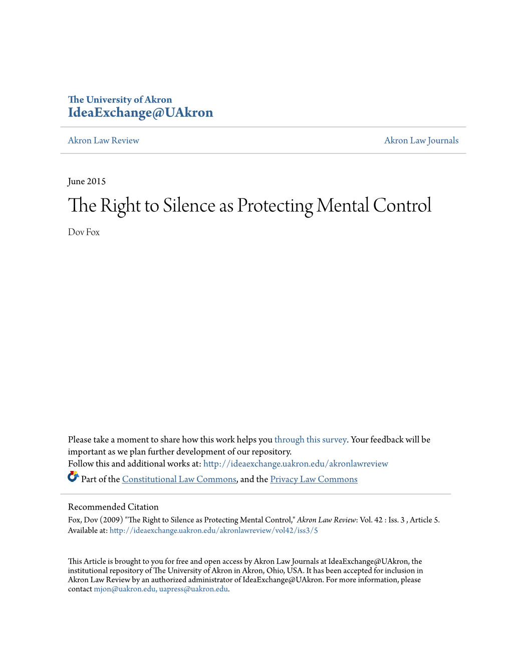 The Right to Silence As Protecting Mental Control Dov Fox