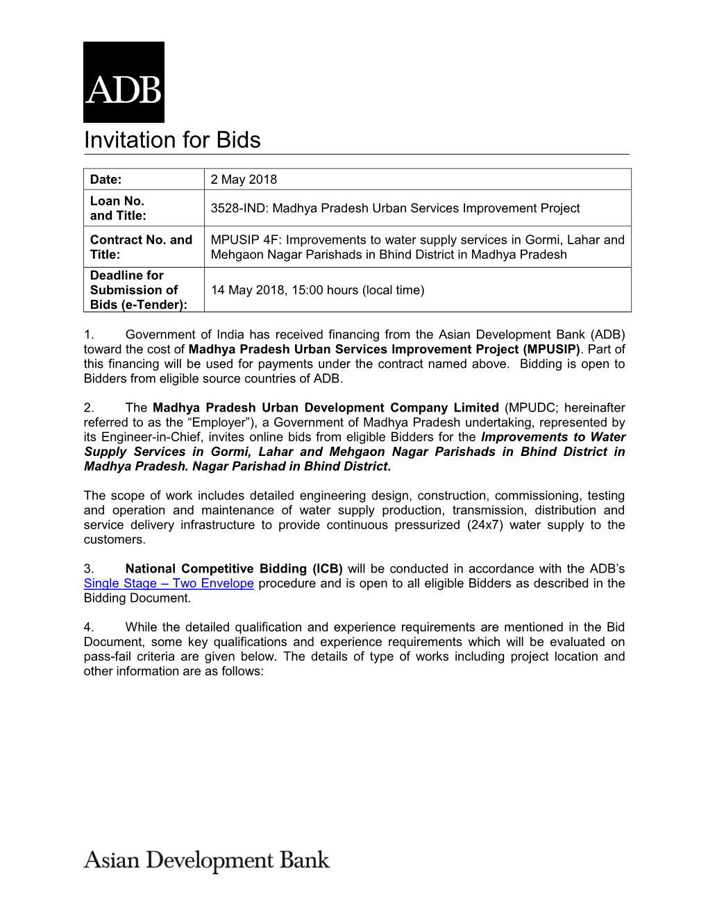 Madhya Pradesh Urban Services Improvement Project and Title: Contract No