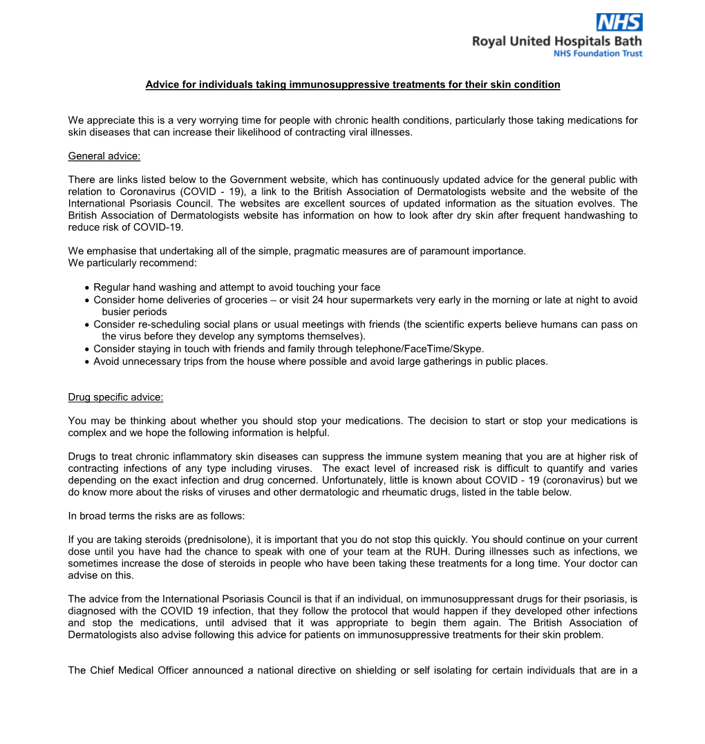 Advice for Individuals Taking Immunosuppressive Treatments for Their Skin Condition We Appreciate This Is a Very Worrying Time F