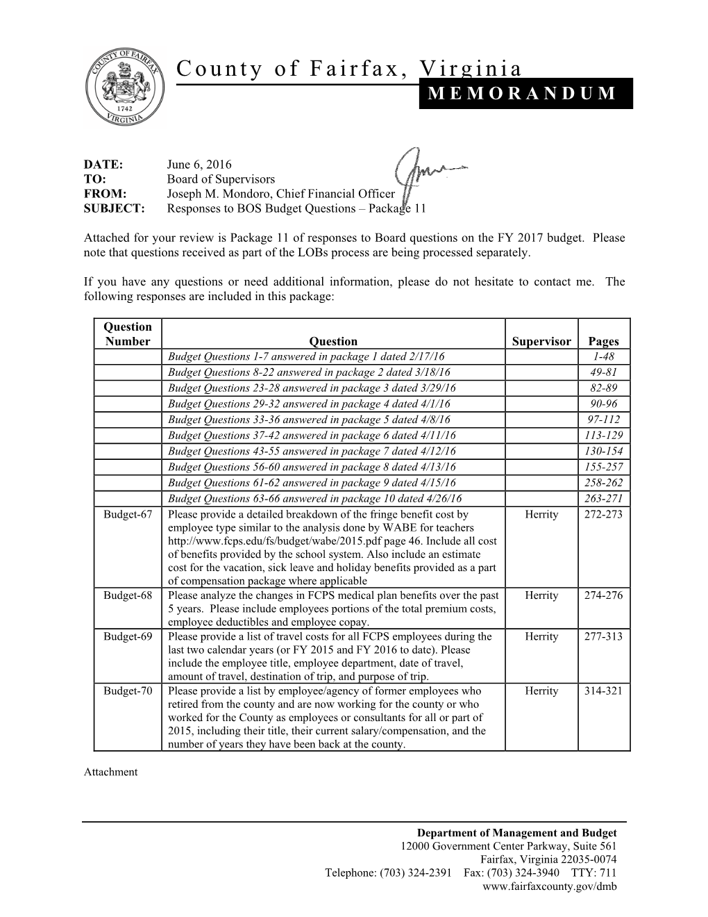 Response to BOS FY 2017 Budget (Fairfax County, Virginia) Board