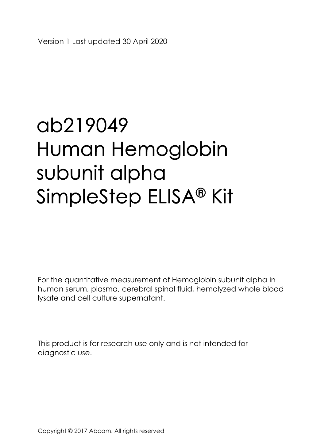 Ab219049 Human Hemoglobin Subunit Alpha Simplestep ELISA® Kit