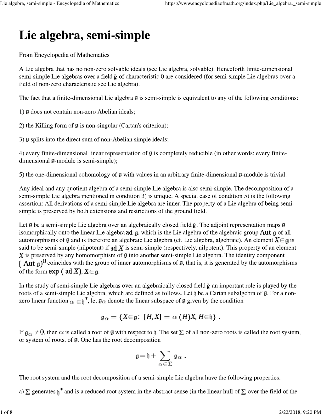 Lie Algebra, Semi-Simple - Encyclopedia of Mathematics