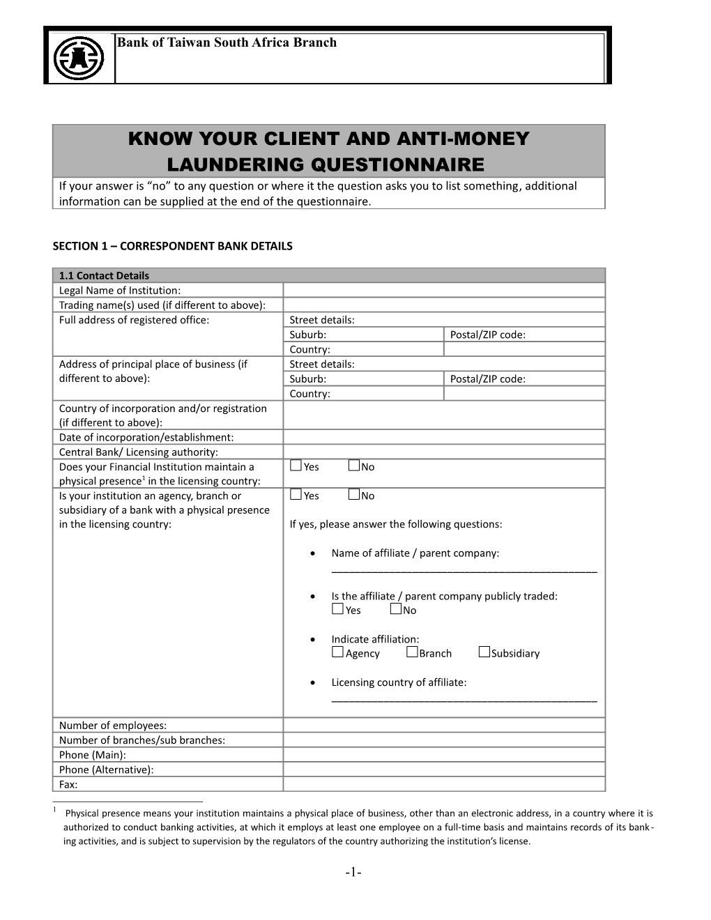 AML KYC Questionnaire