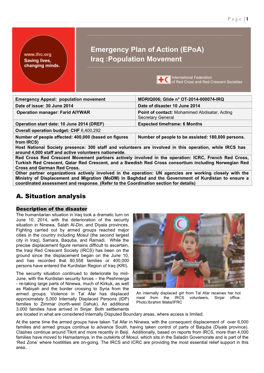 Emergency Plan of Action (Epoa) Iraq :Population Movement